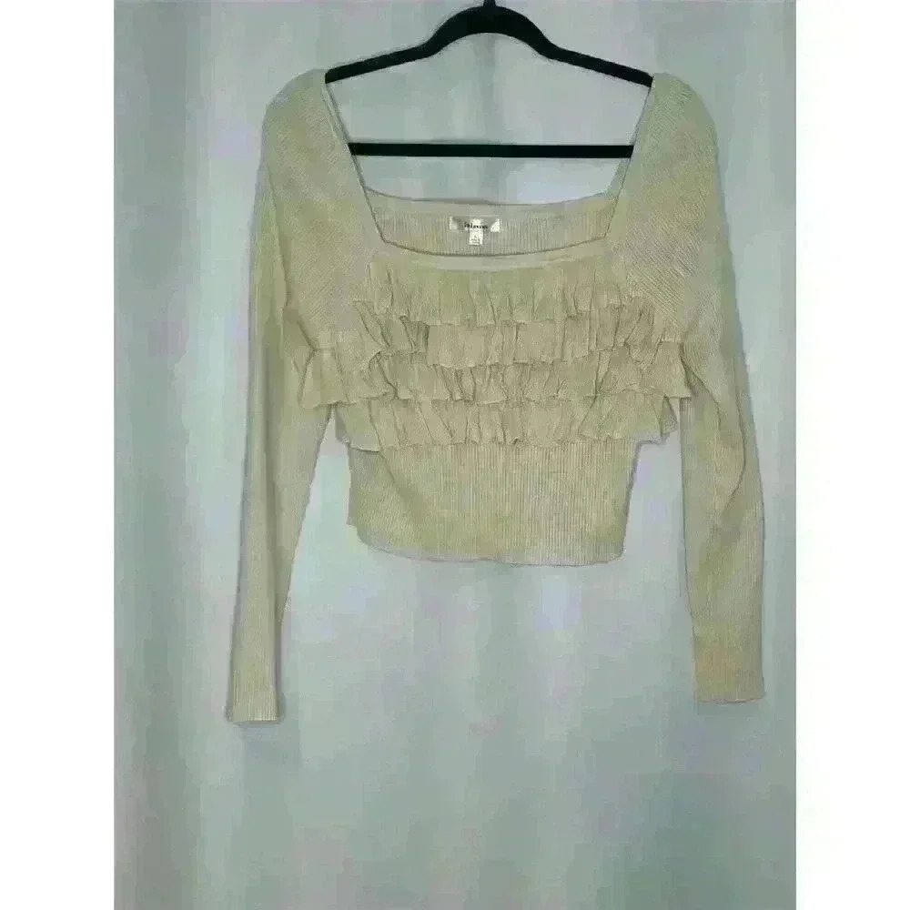 Lalavon Women's Ivory Ruffle Detail Square Neck Sweater Top Size L